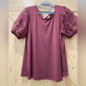 ❤️🥰Flower & Feather Laced Puffed ShortSleeve Tie-Back Blouse